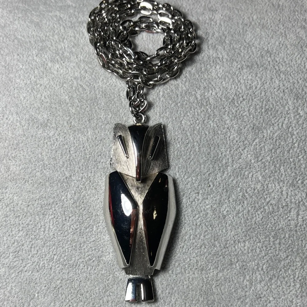 50s Mid-Century Modern Owl Silver Tone Pendant Necklace Vintage Goth